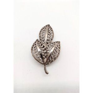Vintage Brushed Silver Triple Leaf Brooch Pin Open Design Stemmed